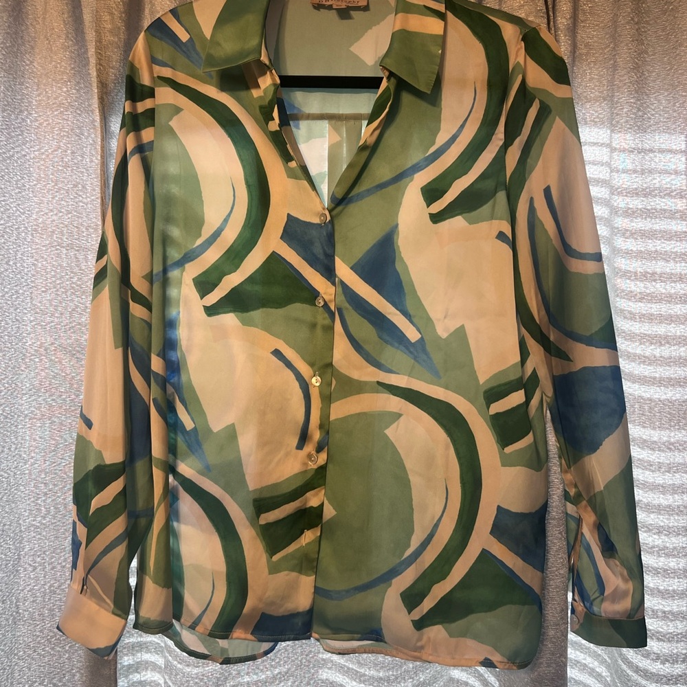 Philosophy Aqua, Teal & Blue Printed Silk Blouse